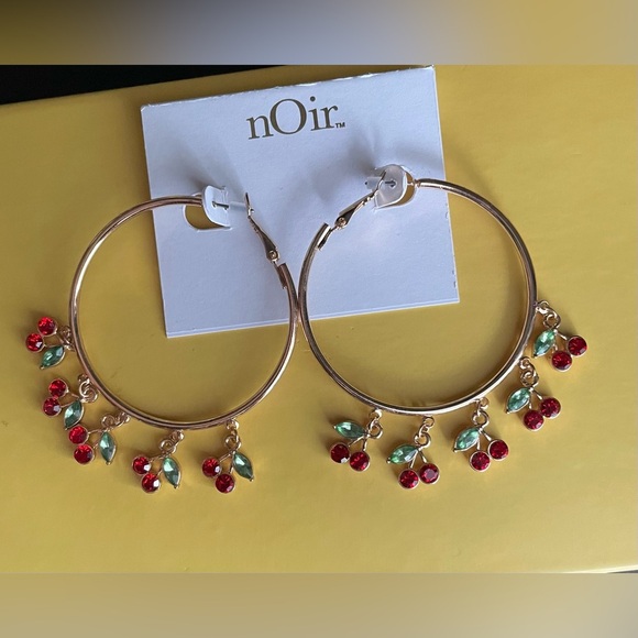 Cherry  Earrings, nOir Gold Hoop Earrings with Red and Green Cherry Charms - Picture 7 of 7